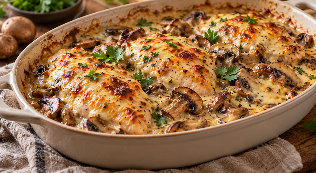 Überbackene Hähnchenbrust mit braunen Champignons, Rahmsoße und Emmentaler in einer ovalen Auflaufform.