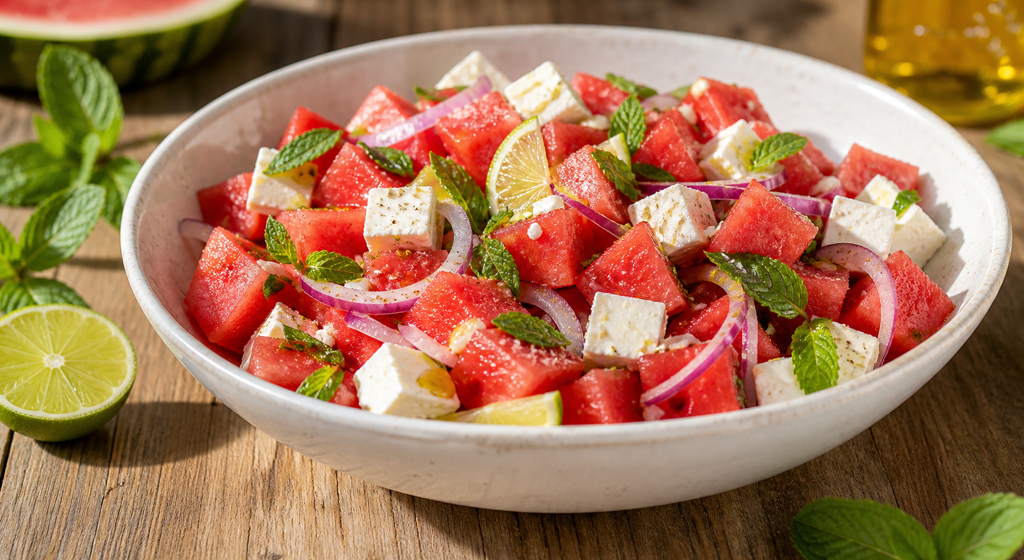 Wassermelonen-Feta-Salat mit Minze, Limette und roten Zwiebeln in einer hellen Schale