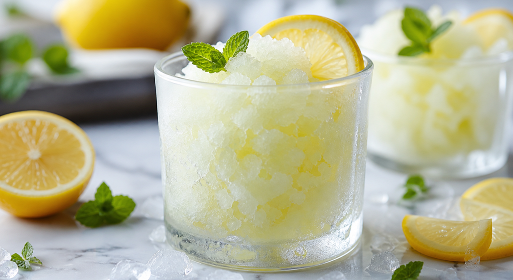 Zitronen-Buttermilch-Granita in Gläsern mit Zitronenscheiben und Minze