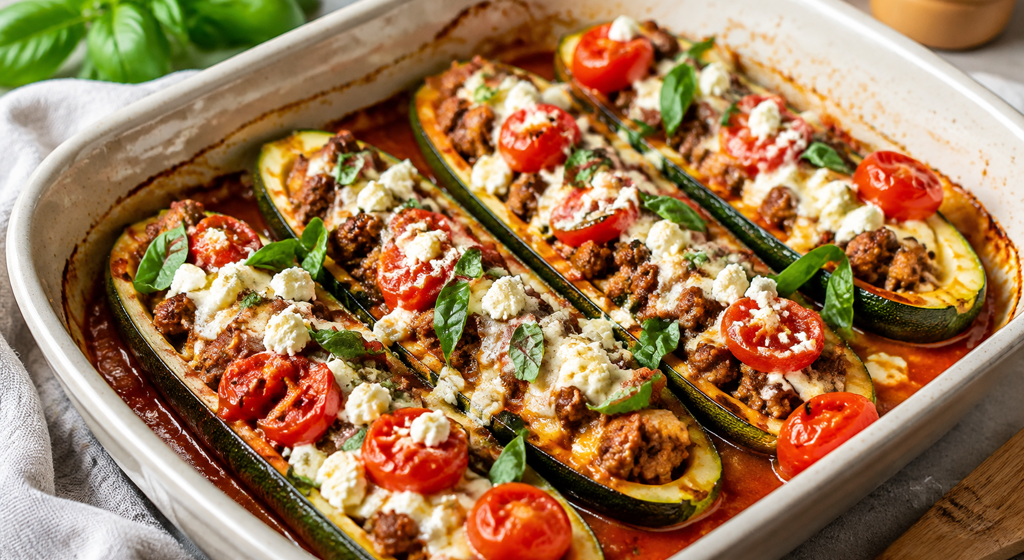 Gebackene Zucchini-Boote mit Rinderhack, Kirschtomaten, Feta und Basilikum