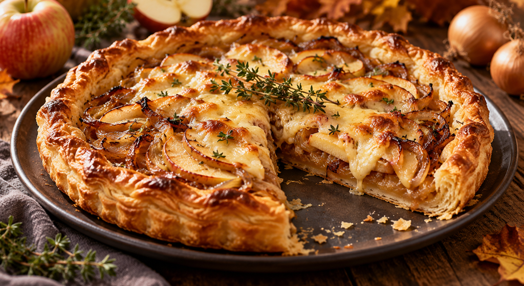 Herzhafte Zwiebel-Apfel-Tarte mit geschmolzenem Bergkäse und Thymian auf einem dunklen Teller
