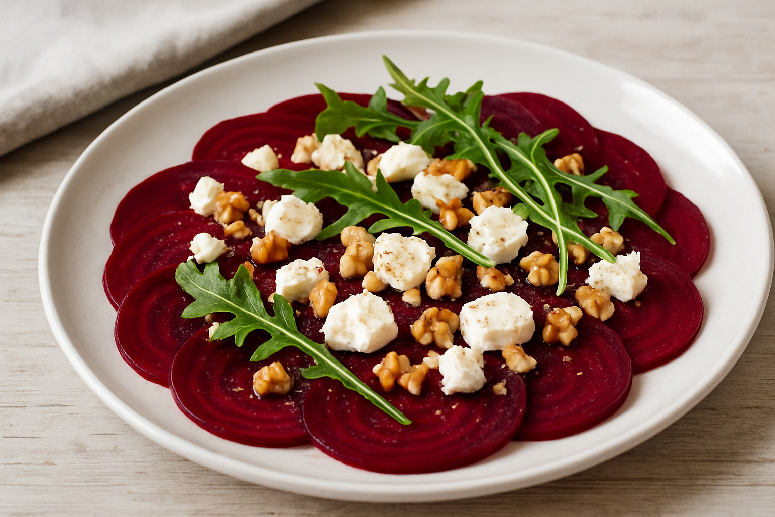 Rote-Bete-Carpaccio auf weißem Teller, belegt mit Ziegenkäsewürfeln, Walnüssen und frischem Rucola, auf hellem Holztisch.