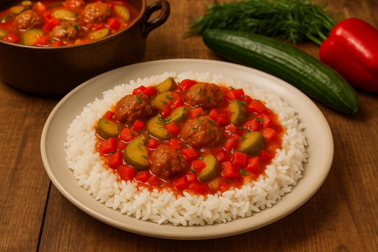 Ein Teller, gefüllt mit einem farbenfrohen Eintopf aus grünen Gurkenhalbmonden, roten Paprikawürfeln, Tomatenstücken und goldbraunen Hackbällchen in einer sämigen Tomatensauce. Der Eintopf ist auf weißem Reis angerichtet und mit frisch gehacktem grünem Dill bestreut. Im Hintergrund steht ein rustikaler Topf auf einem Holztisch, umgeben von frischen Gurken und einem Bund Dill.