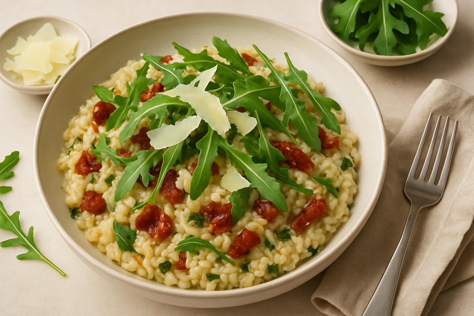 Eine Schale cremiges Risotto. Im hellen Reis sind rote Stücke von getrockneten Tomaten und grüne Rucolablätter untergemischt. Das Gericht ist mit frischem Rucola und hellen Parmesanspänen garniert.
