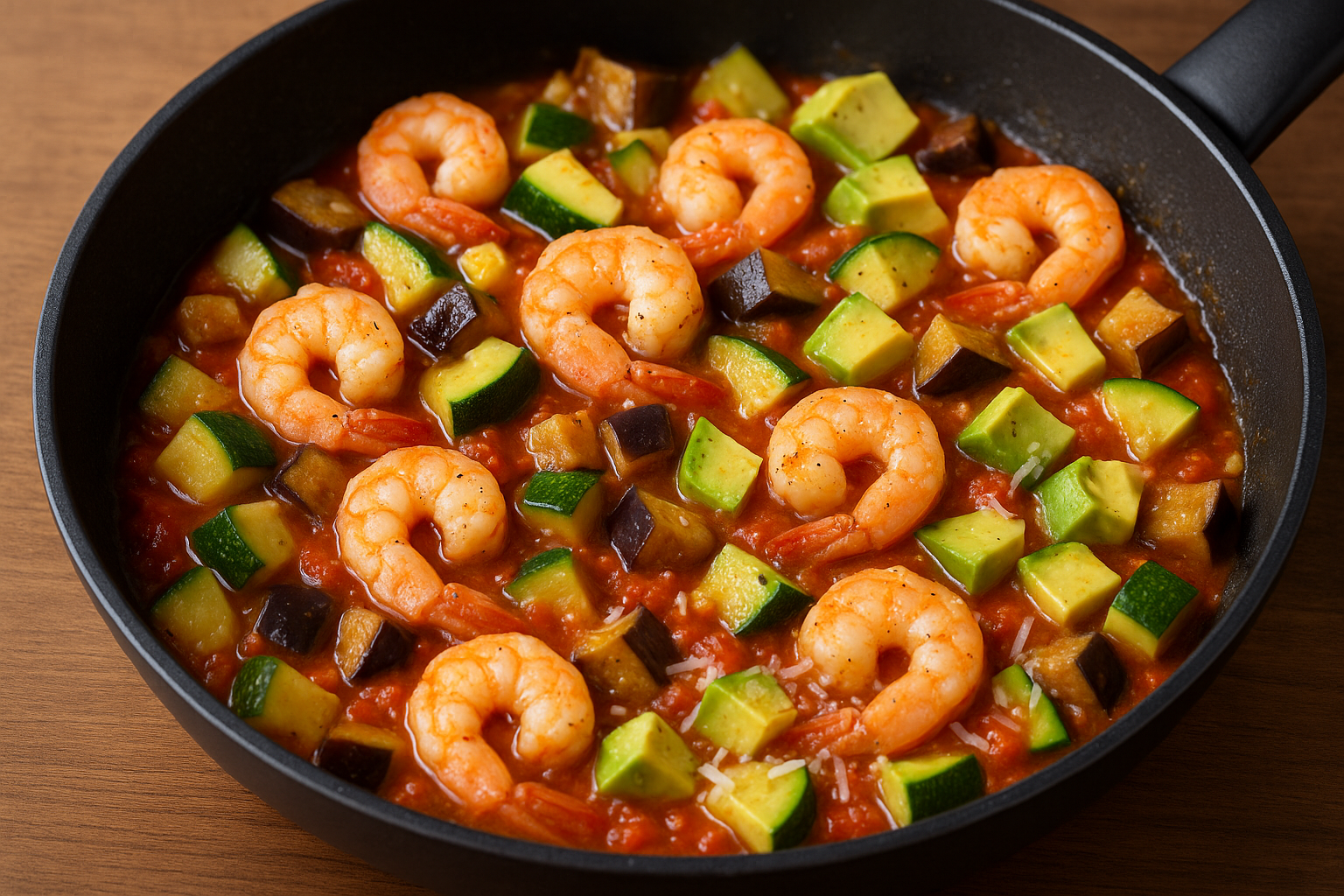Eine schwarze Pfanne mit Garnelen-Tomaten-Avocado-Pfanne. Darin leuchten rosa Garnelen, gewürfelte Zucchini, Auberginen und Avocado in einer kräftig roten Tomatensauce. Ein paar Parmesanstreusel runden das Gericht ab.
