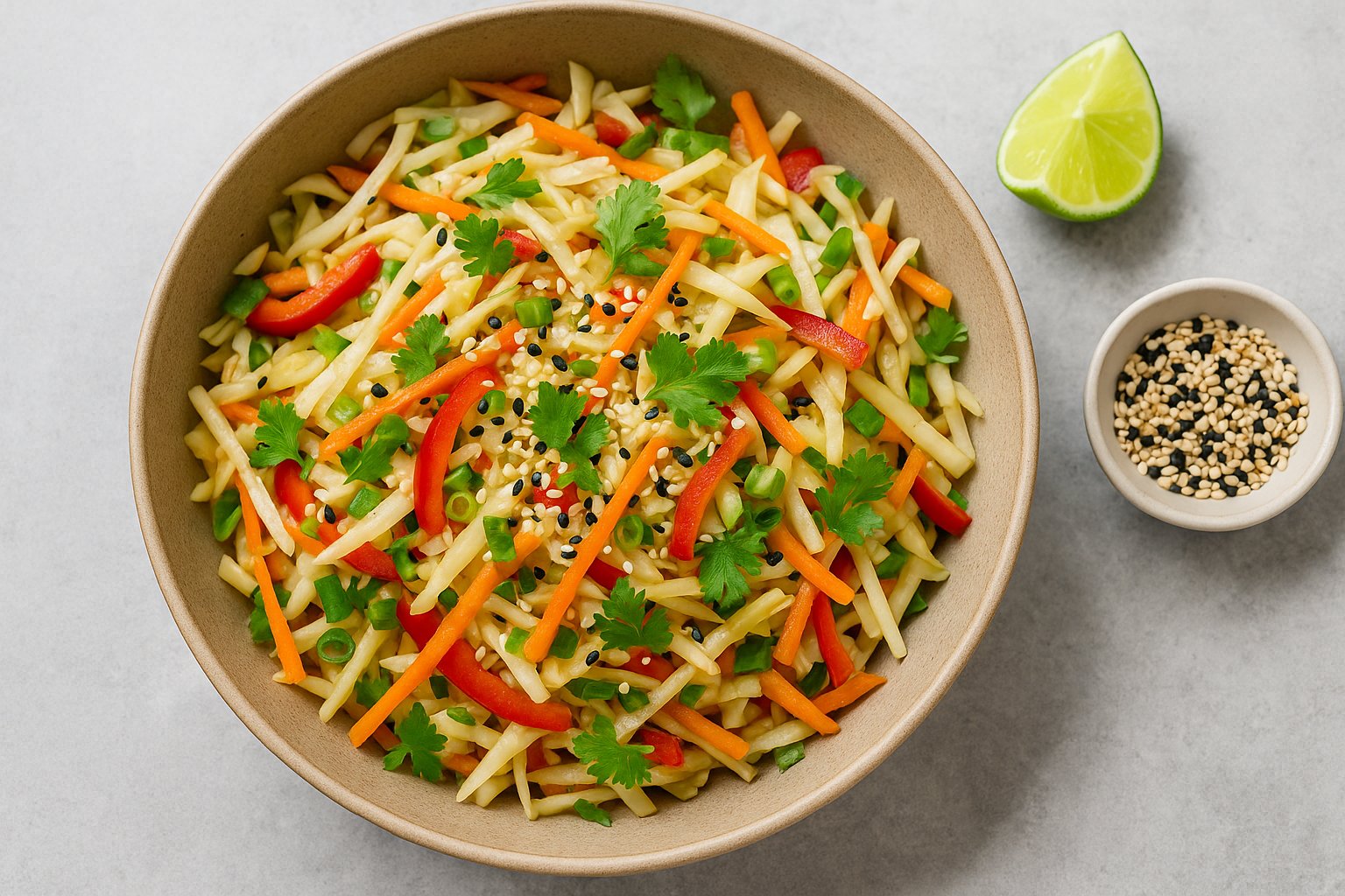 Eine runde, beigefarbene Keramikschüssel steht auf hellem Untergrund und ist gefüllt mit buntem asiatischem Krautsalat. Feine Streifen aus Weißkohl, Karotten und roter Paprika sind mit Frühlingszwiebeln, frischem Koriander und Sesamsamen vermischt. Daneben liegen eine halbe Limette und ein kleines Schälchen mit Sesam.