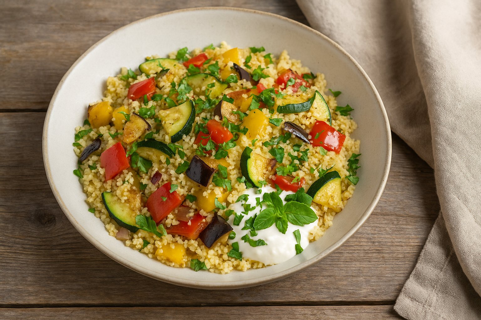 Ein heller Keramik-Teller ist gefüllt mit einem bunten Couscous-Salat aus goldgelbem Couscous, gerösteter Zucchini, roter und gelber Paprika, Auberginenstücken und roten Zwiebeln. Frische, grüne Kräuter sind großzügig darüber gestreut. Am Rand des Tellers liegt ein Klecks weißer Joghurt, garniert mit einem Zweig Basilikum. Der Teller steht auf einem rustikalen Holztisch, daneben liegt ein beigefarbenes Leinentuch. Das natürliche Licht unterstreicht die sommerlichen Farben und die frische Anmutung des Gerichts.