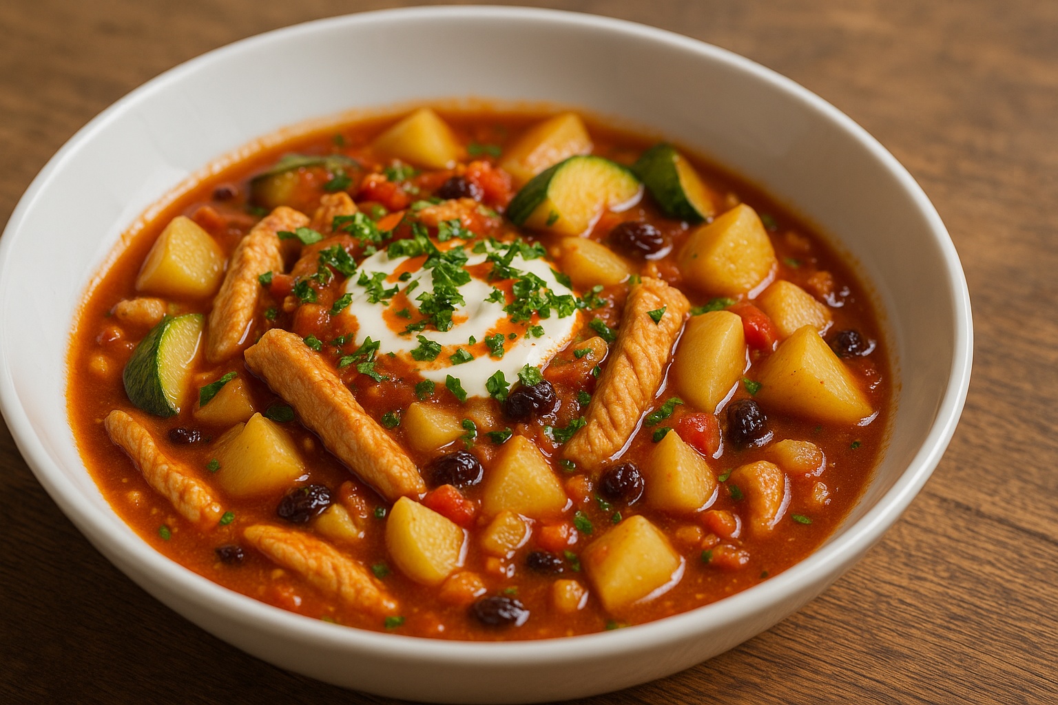Tiefer Teller mit herbstlicher Putenpfanne: tomatige Sauce, zarte Putenstreifen, Würfel von Zucchini und Kohlrabi, Apfel- und Birnenstücke, Rosinen; in der Mitte ein Klecks Crème fraîche mit Petersilie, auf Holztisch in schräger Draufsicht.