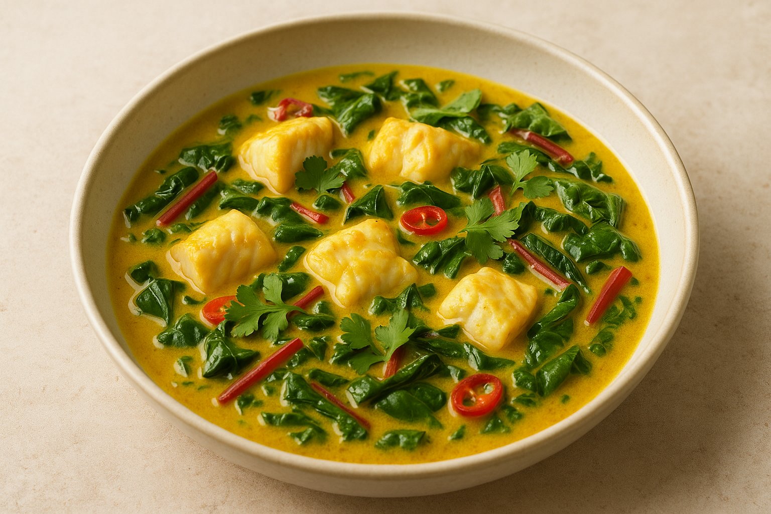 „Zart gegarter Kabeljau in einer goldgelben Kokos-Curry-Soße, serviert in einem schlichten, runden Teller. Dazu frischer grüner Mangold, rote Chilistreifen und Koriander als Garnitur, natürlich angerichtet auf hellem Untergrund.“