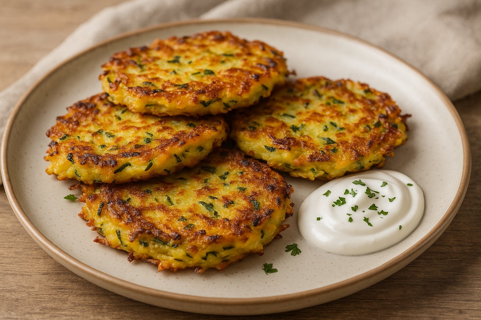 Vier goldbraun gebratene Kartoffel-Zucchini-Puffer liegen auf einem runden, beigefarbenen Teller. Die Puffer sind knusprig am Rand und mit kleinen grünen Kräuterstücken durchzogen. Daneben befindet sich ein Klecks weißer Dip, bestreut mit frischer Petersilie. Der Teller steht auf einem rustikalen Holztisch, im Hintergrund ist ein Leinentuch zu sehen. Das natürliche Licht betont die appetitliche Textur und Farbe der Puffer.