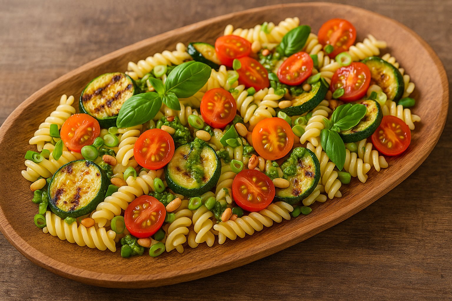 „Bunter Nudelsalat mit Fusilli, gerösteten Zucchinischeiben, Kirschtomaten, Pinienkernen und frischem Basilikum, angerichtet auf einer Holzplatte.“