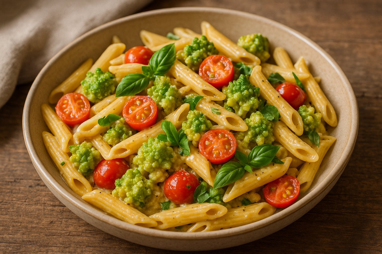 Auf einem rustikalen Holztisch steht ein runder, heller Keramikteller mit Penne-Nudeln in einer cremigen Sauce. Die Pasta ist gemischt mit leuchtend grünen Romanesco-Röschen, halbierten roten Kirschtomaten und frisch gehacktem Basilikum. Darüber ist frisch geriebener Parmesan gestreut. Die Farben wirken warm und natürlich. Im Hintergrund liegt ein gefaltetes Leinentuch, das dem Bild eine gemütliche, ländliche Atmosphäre verleiht.