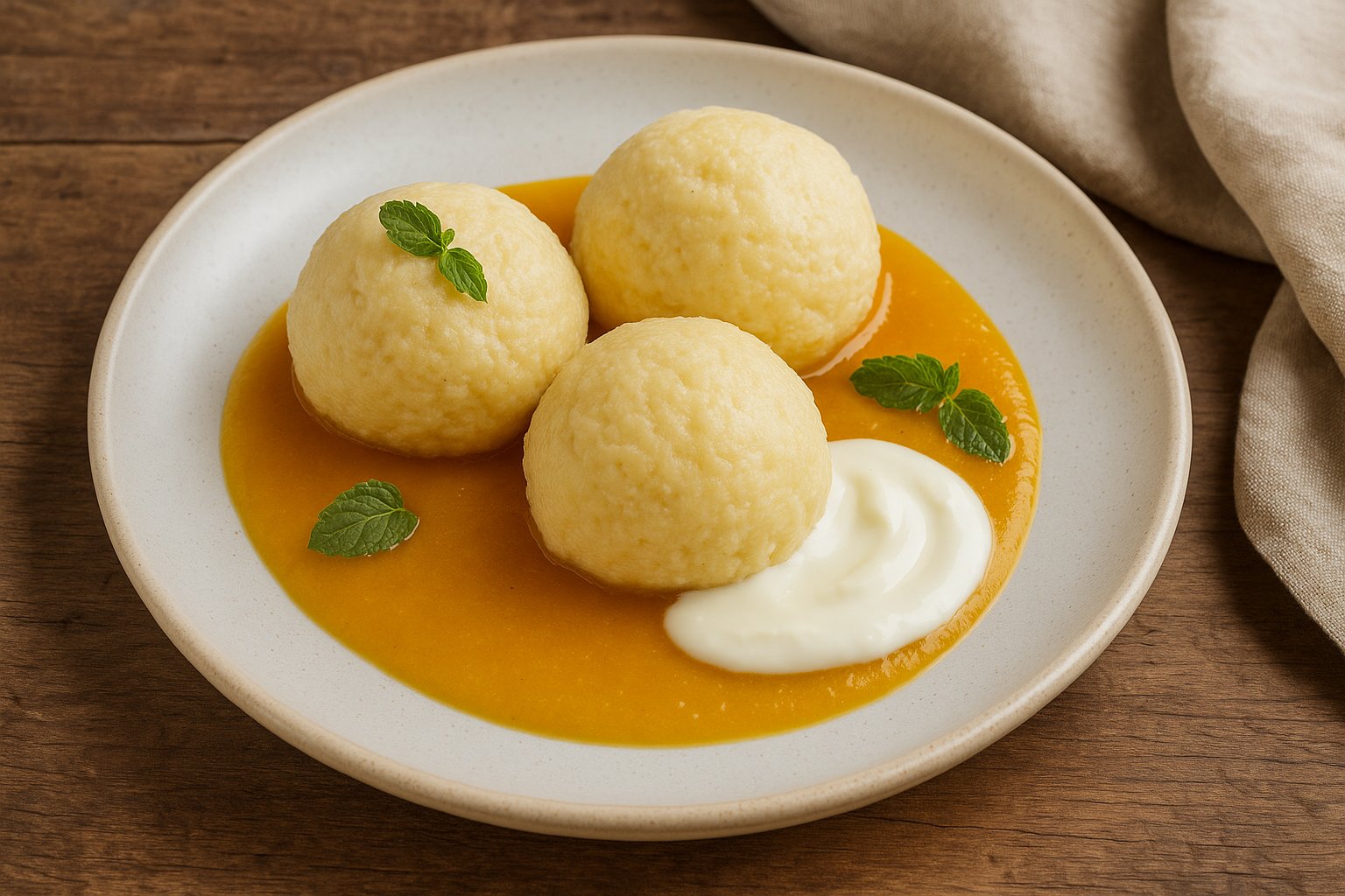 Drei runde, helle Topfenknödel liegen auf einem glatten Fruchtspiegel aus leuchtend orangefarbenem Mangopüree. Daneben befindet sich ein cremiger Klecks Joghurt, garniert mit frischen Minzblättern. Alles ist auf einem hellen, leicht gesprenkelten Keramikteller angerichtet, der auf einem rustikalen Holztisch steht. Ein beiger Leinenstoff im Hintergrund sorgt für eine natürliche, warme Atmosphäre.        ChatGPT fragen