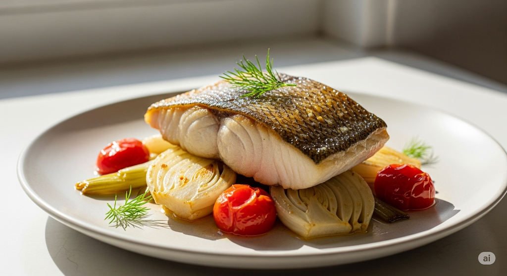 Eine Nahaufnahme zeigt ein elegant angerichtetes Fischgericht auf einem modernen, hellgrauen Teller. Im Zentrum liegt ein dickes, saftiges Zanderfilet, dessen Hautseite nach oben zeigt. Die Haut ist goldbraun und knusprig gebraten. Das Filet ruht auf einem Bett aus hellem, geschmortem Fenchelgemüse und mehreren ganzen, glänzenden Kirschtomaten. Ein kleiner, feiner Zweig grüner Dill garniert die Oberseite des Fisches. Das Gericht wird von hellem, natürlichem Tageslicht von der Seite beleuchtet, was eine frische und appetitliche Szene erzeugt.
