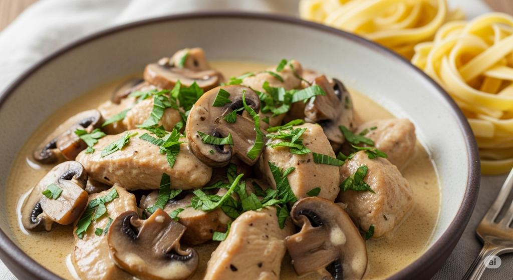 Eine Schale mit cremigem Hähnchen-Geschnetzelten mit Champignons und Petersilie. Daneben liegen Bandnudeln als Beilage.