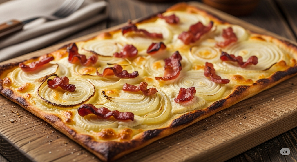 Ein frisch gebackener Flammkuchen nach Elsässer Art, knusprig und belegt mit Speck und Zwiebeln, serviert auf einem rustikalen Holzbrett.